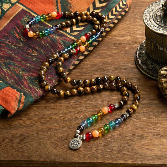 Pulsera de protección de loto con 108 cuentas de mala de piedra natural y ojo de tigre de colores. 