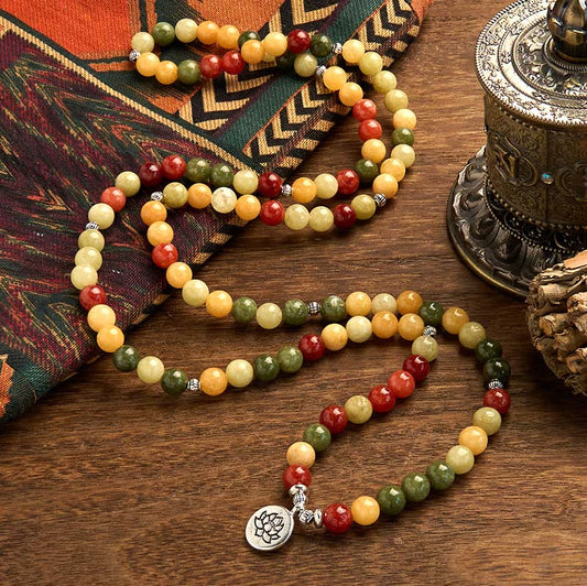 Pulsera de protección de loto con 108 cuentas de mala de Buda, piedra de color natural, topacio, jaspe rojo, jaspe verde