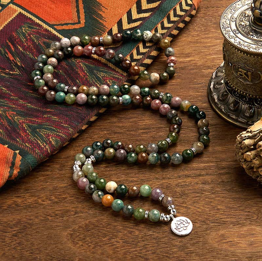 Pulsera de piedra natural con 108 cuentas de mala de Buda, ágata india y loto calmante 