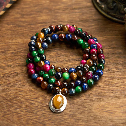 Pulsera de protección multivuelta con 108 cuentas de mala de ojo de tigre natural y colorida de Buddha Stones 