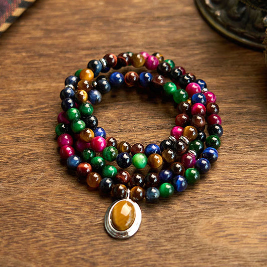 Pulsera de protección multivuelta con 108 cuentas de mala de ojo de tigre natural y colorida de Buddha Stones 
