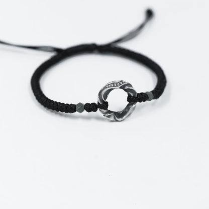 Buddha Stones 999 Sterling Silver Peace Buckle Black Wax Rope Protection Bracelet