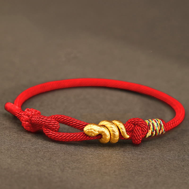 Buddha Stones 999 Gold Year of the Snake Design Handmade Luck Protection Rope Braided Bracelet - Touch Bling