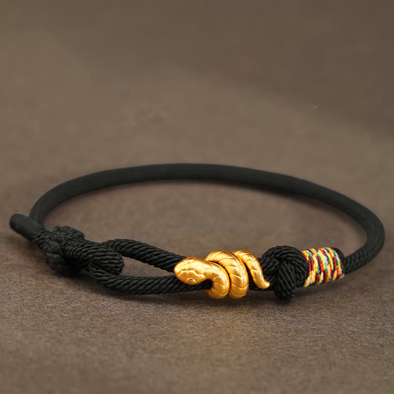 Buddha Stones 999 Gold Year of the Snake Design Handmade Luck Protection Rope Braided Bracelet - Touch Bling