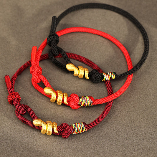 Buddha Stones 999 Gold Year of the Snake Design Handmade Luck Protection Rope Braided Bracelet