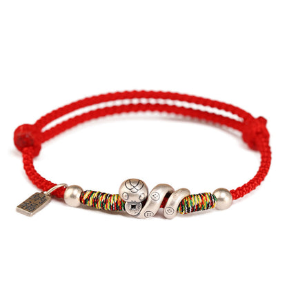 Buddha Stones 999 Sterling Silver Year of the Snake Handmade Lucky Fortune Fu Character Copper Coin Blessing Bracelet
