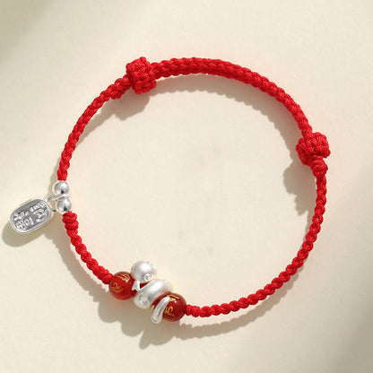 Buddha Stones 999 Sterling Silver Year Of The Snake Red Agate Black Onyx Lucky Fortune Six True Words Happiness Braided Bracelet
