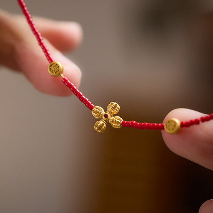 Buddha Stones 24k Gold Plated 925 Sterling Silver Liuli Glass Bead PiXiu Four Leaf Clover Joy And Happiness Wealth Bracelet