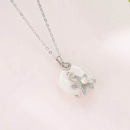 Buddha Stones Chalcedony Peace Buckle 999 Sterling Silver Lotus Positive Necklace Pendant