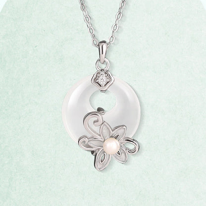 Buddha Stones Chalcedony Peace Buckle 999 Sterling Silver Lotus Positive Necklace Pendant