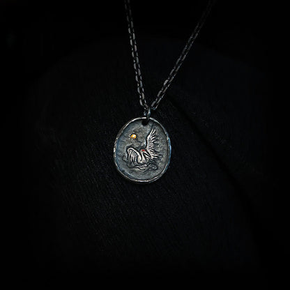 Buddha Stones 999 Sterling Silver 24k Gold Crane Auspicious Clouds Balance Necklace Pendant