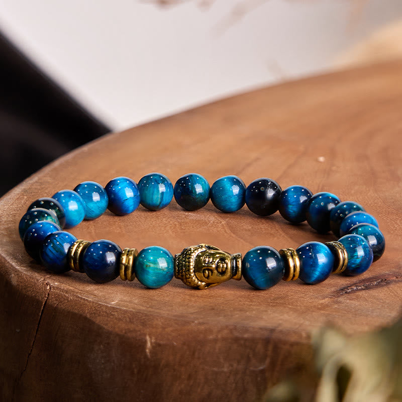 Buddha-Steine, blau, grün, rot, Tigerauge, Buddha-Kopf, Balance-Armband 