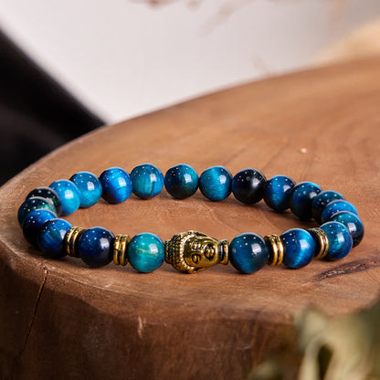 Buddha-Steine, blau, grün, rot, Tigerauge, Buddha-Kopf, Balance-Armband 