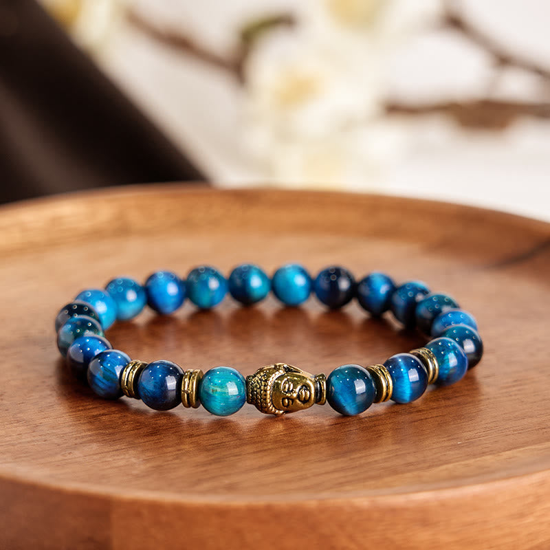 Buddha-Steine, blau, grün, rot, Tigerauge, Buddha-Kopf, Balance-Armband 
