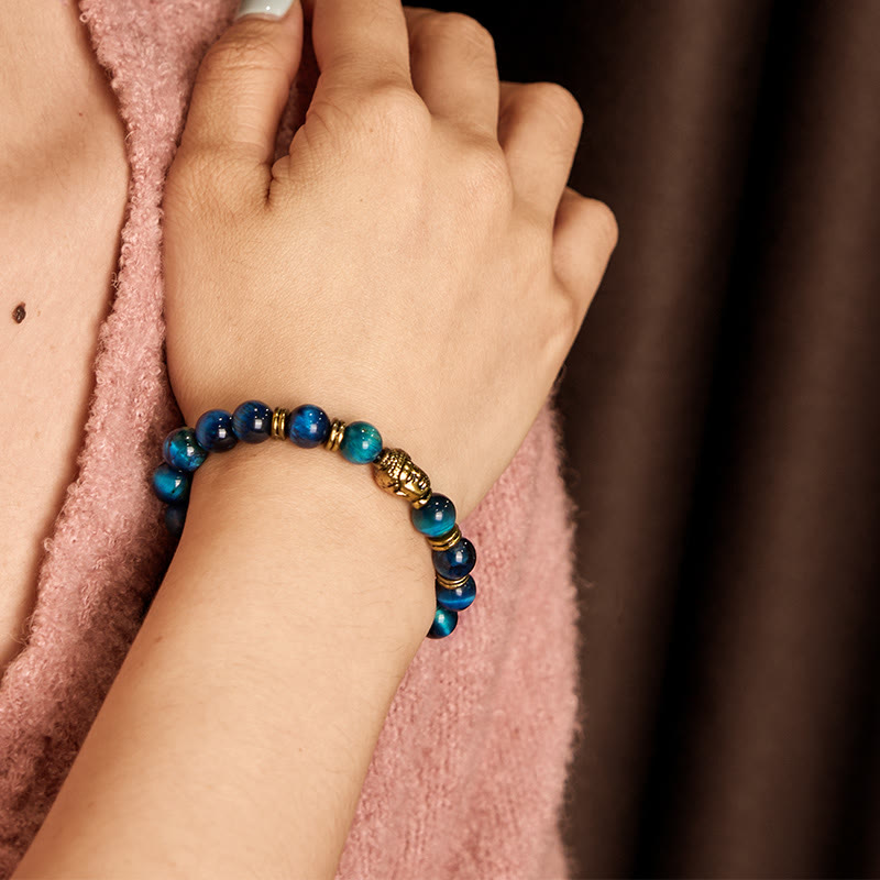 Buddha-Steine, blau, grün, rot, Tigerauge, Buddha-Kopf, Balance-Armband 