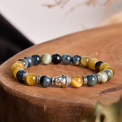 Buddha-Steine, blau, grün, rot, Tigerauge, Buddha-Kopf, Balance-Armband 