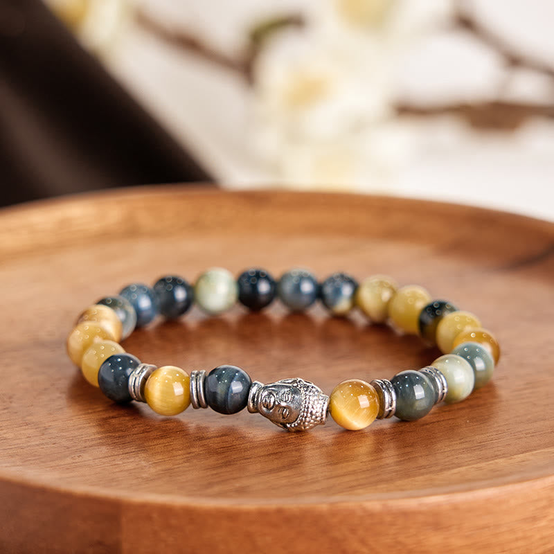 Buddha-Steine, blau, grün, rot, Tigerauge, Buddha-Kopf, Balance-Armband 