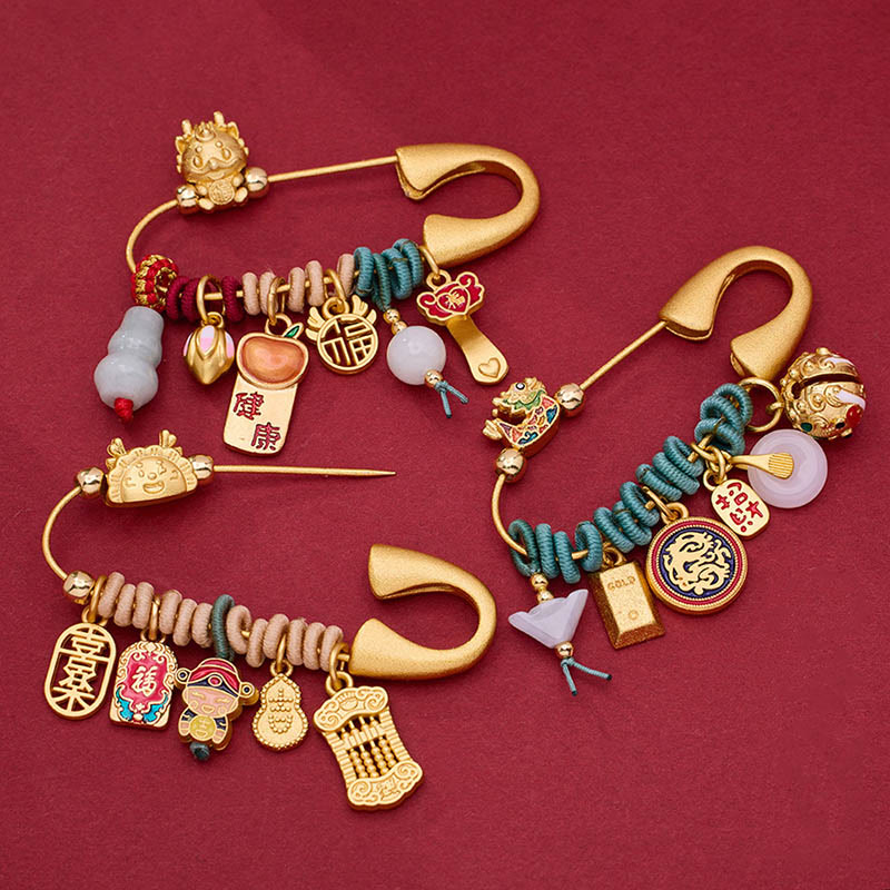 Broche de latón protector con el personaje Fu del dragón y las piedras de Buda para atraer la fortuna