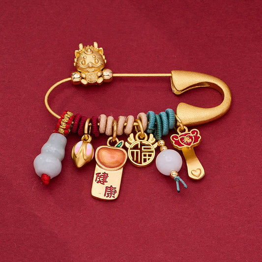 Broche de latón protector con el personaje Fu del dragón y las piedras de Buda para atraer la fortuna