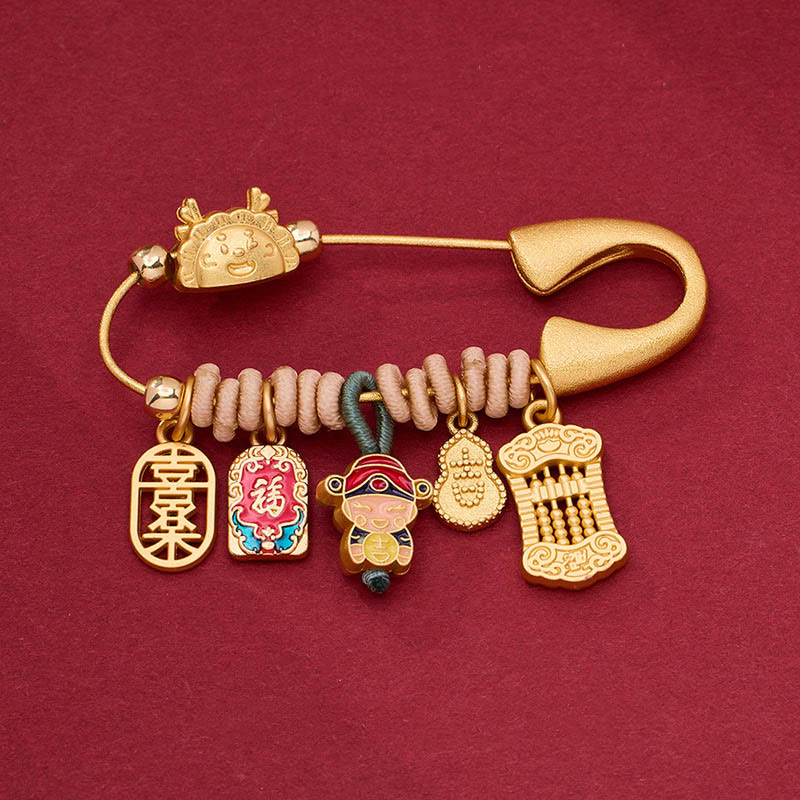 Broche de latón protector con el personaje Fu del dragón y las piedras de Buda para atraer la fortuna