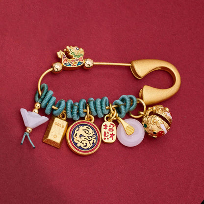 Broche de latón protector con el personaje Fu del dragón y las piedras de Buda para atraer la fortuna
