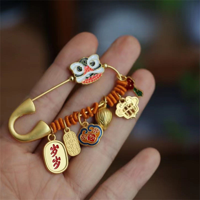 Broche de la fortuna de cobre con capullo de loto y león danzante de piedras de Buda