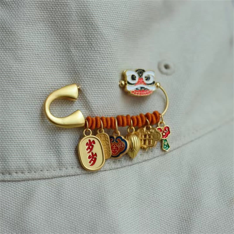 Broche de la fortuna de cobre con capullo de loto y león danzante de piedras de Buda