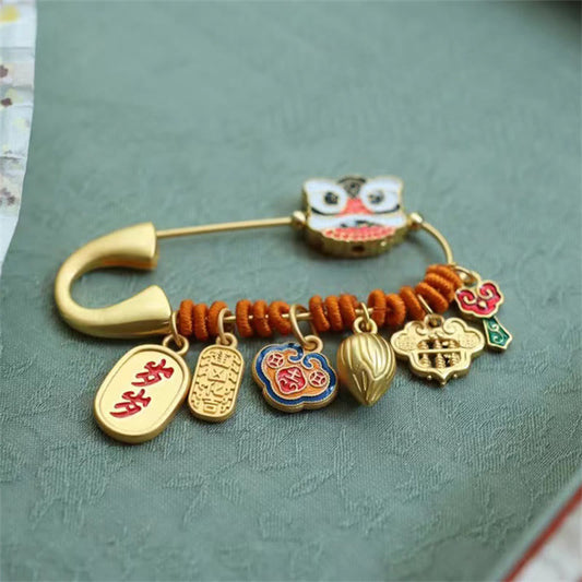 Broche de la fortuna de cobre con capullo de loto y león danzante de piedras de Buda