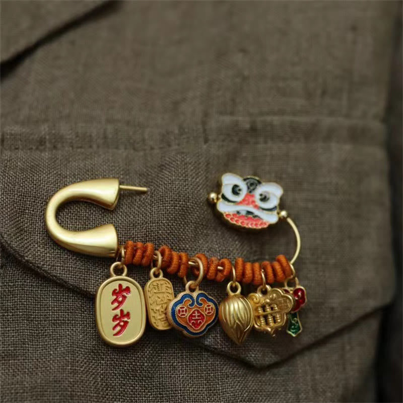 Broche de la fortuna de cobre con capullo de loto y león danzante de piedras de Buda