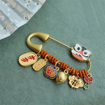 Broche de la fortuna de cobre con capullo de loto y león danzante de piedras de Buda