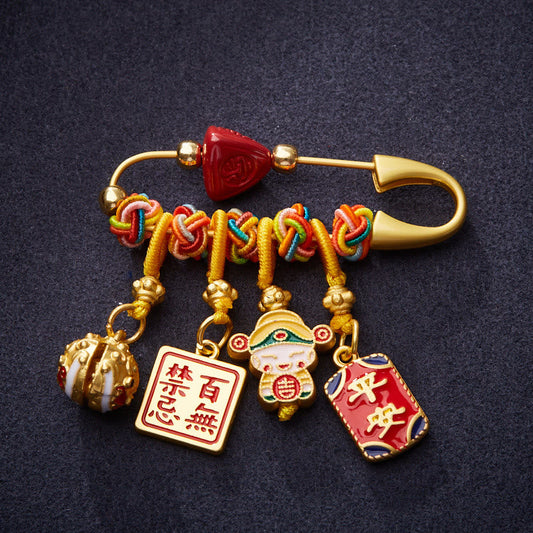 Broche de bendición de cobre con piedras de Buda, cinabrio, personaje de Zongzi Fu, Caishen, dios de la riqueza, seguro y sano