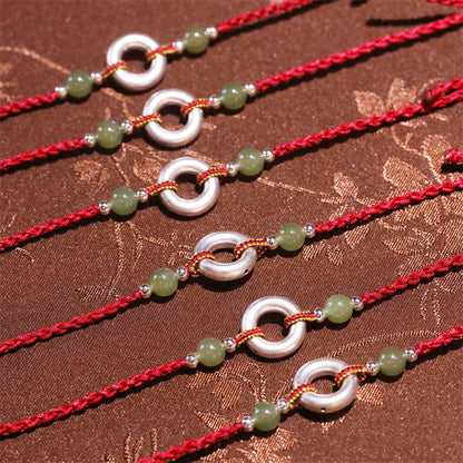 Buddha Stones 999 Sterling Silber Peace Buckle Hetian Jade Handmade Luck Red Rope Armband