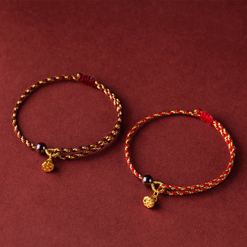 Pulsera trenzada con dije de paz y alegría de loto, hecha a mano con piedras de Buda y cuerda de oro rojo 