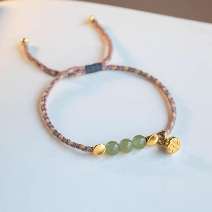 Buddha Stones Handcrafted Hetian Jade Lotus Charm Luck Braided Bracelet