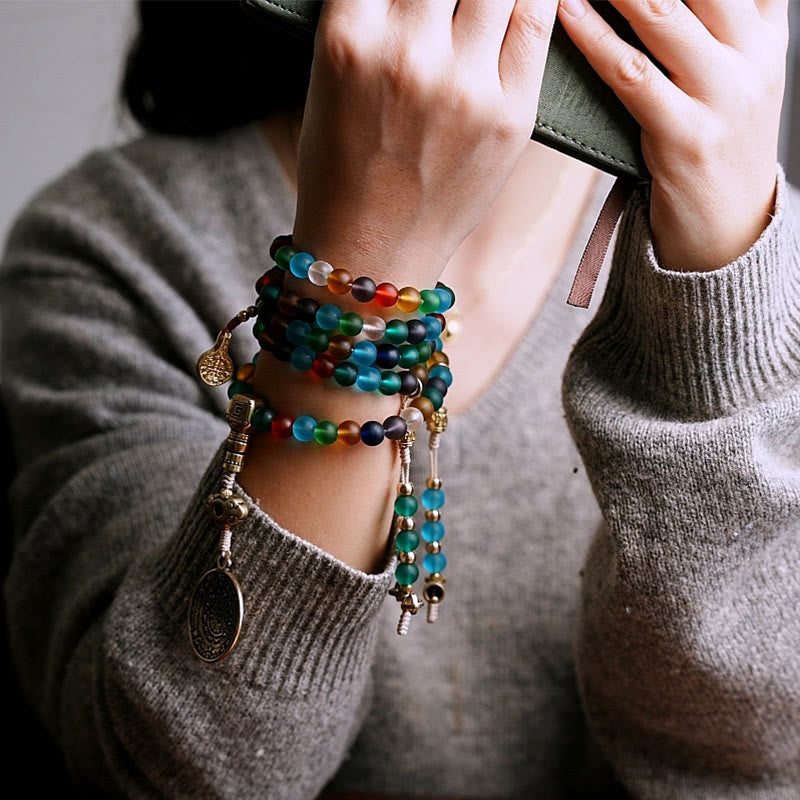 Pulsera tibetana con 108 cuentas de mala de Buda, cuentas de vidrio Liuli multicolores, zodíaco chino, nueve palacios, ocho diagramas