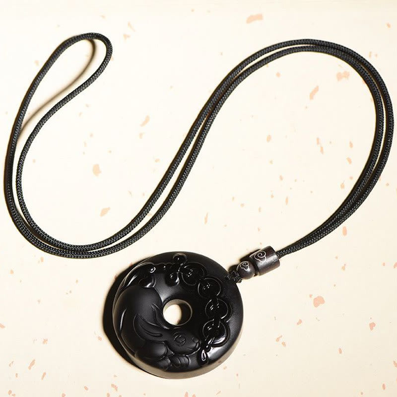Collar con colgante de obsidiana negra natural con piedras de Buda y hebilla de fuerza del zodiaco chino