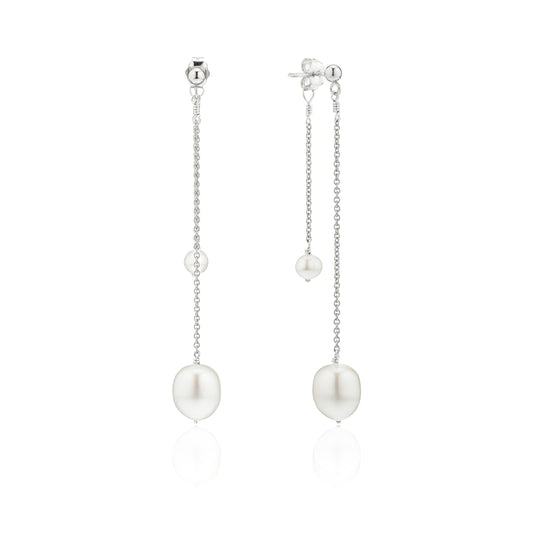 Solid White Gold Layered Large and Small Pearl Earrings