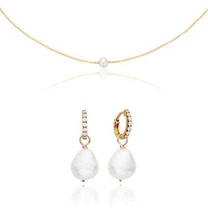 Conjunto de regalo de aros Huggies con perla dorada y gargantilla con perla individual
