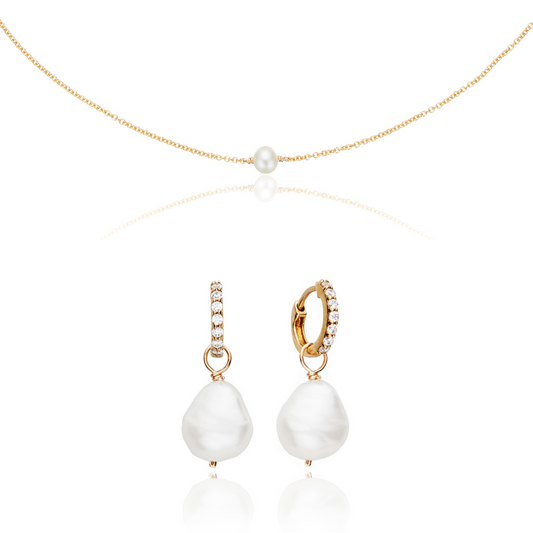 Geschenkset mit goldenen Perlentropfen und Choker mit einer Perle