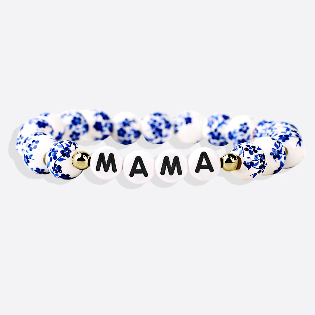 Blaues Porzellan-Armband mit Blumenperlen für Mama und Oma