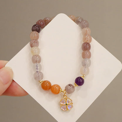 Pulsera de cuentas de Buda con cuentas de jade, seda dorada y morada natural, con flor violeta y dije de riqueza 