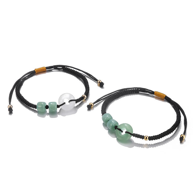 Pulsera trenzada de pareja con 2 piedras de Buda, aventurina verde, jade blanco y hebilla de la paz.