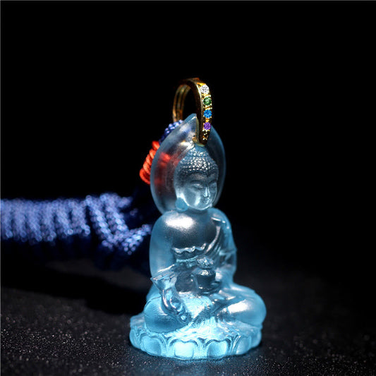 Collar con colgante de amuleto de serenidad de cristal Liuli con piedras de Buda Tathagata azul y Buda de la medicina 