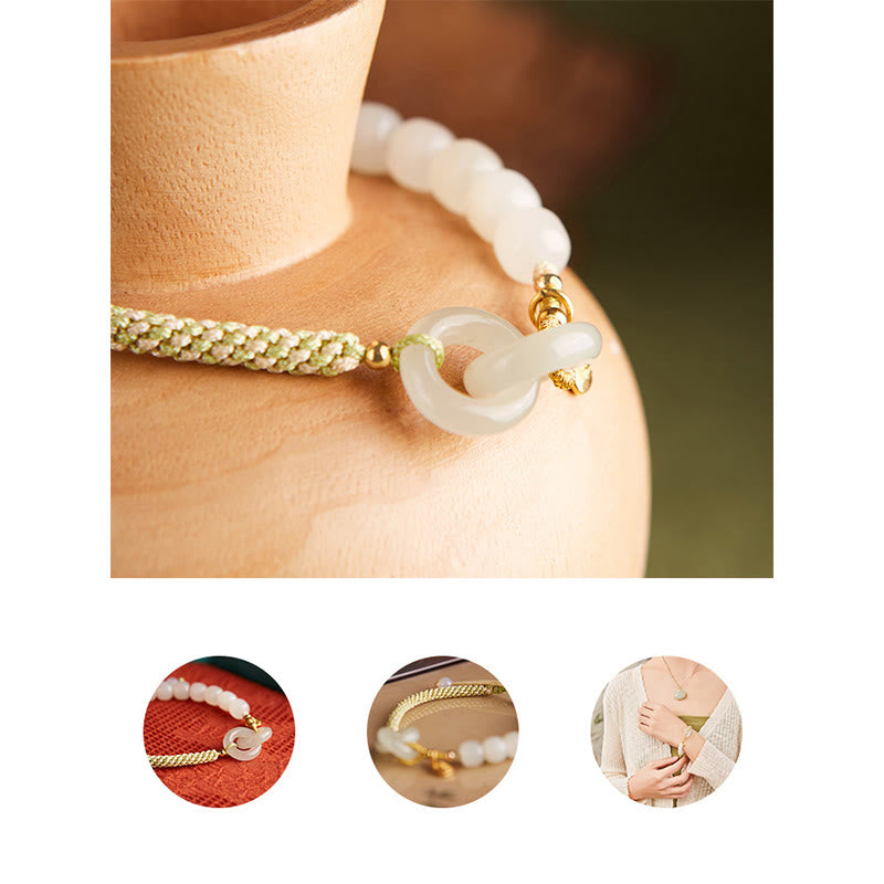 Pulsera trenzada con cuentas de jade hetiano natural de Buda y doble hebilla de paz con carácter Fu 