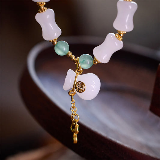 Pulsera con piedras de Buda, jade blanco natural, seda dorada, bambú, bolsa de la suerte, personaje Fu 