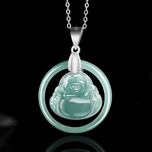 Collar con colgante de Buda sonriente de jade natural en plata de ley 925 con piedras de Buda