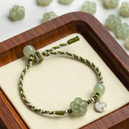 Buddha Stones Handgemachtes Pflaumenblüten-Jade-Armband mit geflochtenem Glücks- und Wohlstandssymbol