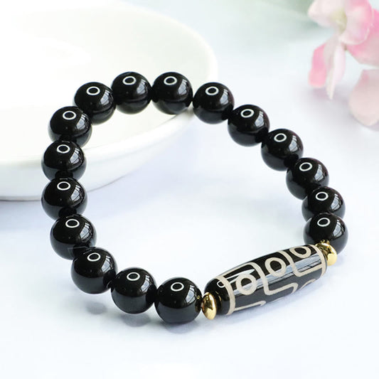 Buddha Stones Tibetisches Neun-Augen-Dzi-Perlen-Kraftarmband aus schwarzem Onyx