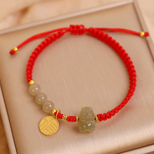 Buddha Stones Year of the Dragon 925 Sterling Silver Hetian Jade Fu Character Luck Bracelet