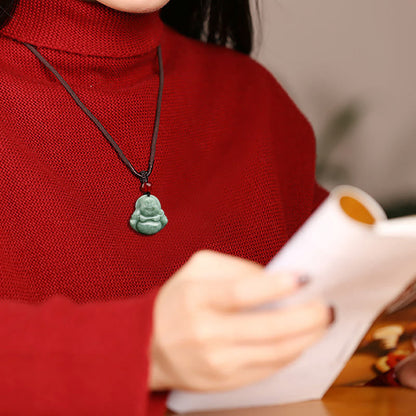 Collar con colgante de Buda sonriente de jade verde natural con piedras de Buda y la suerte de la abundancia